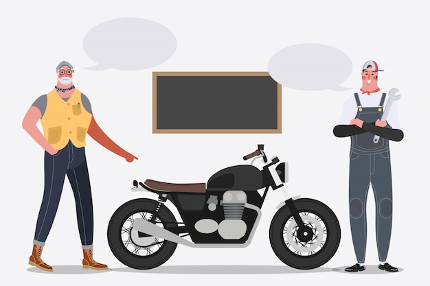 Cartoon karakter ontwerp illustratie. Fietser rijdt een motorfiets in de garage.