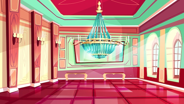 cartoon kasteel paleis ballroom interieur achtergrond met koninklijk meubilair