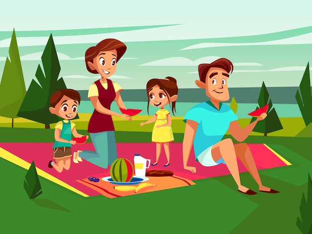 Cartoon kaukasische familie op outdoor picknick feest in het weekend.