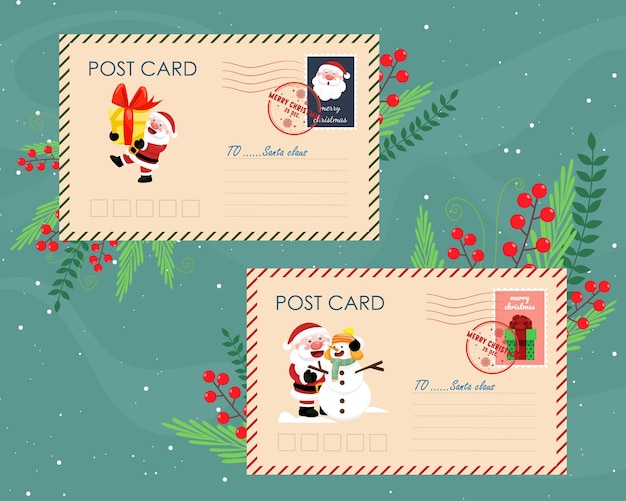 Cartoon kerst envelop port met postzegeldecoratie door bes en blad