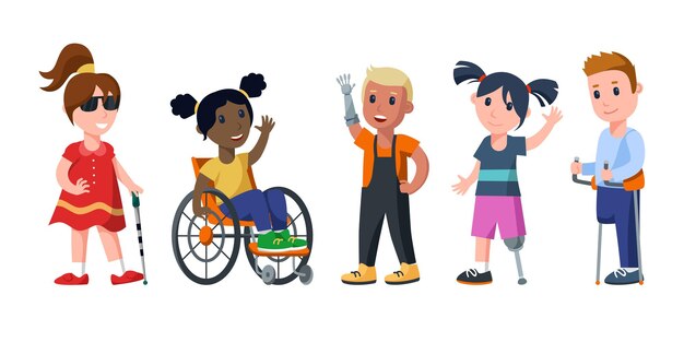 Cartoon kinderen met lichamelijke handicaps vector illustraties set. Blind meisje met wandelstok, kind op rolstoel, kinderen met prothetische arm, been, voet. Handicap, gezondheid, toegankelijkheidsconcept