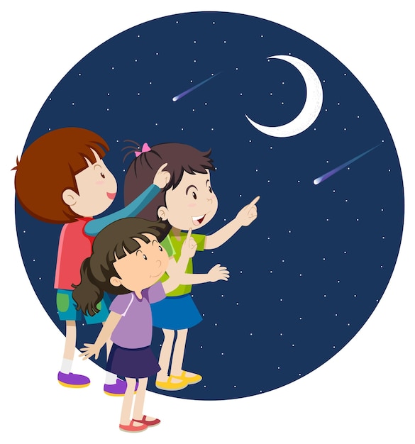 Gratis vector cartoon kinderen wijzende vinger naar de maan