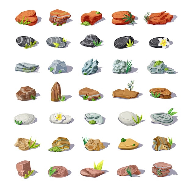 Cartoon kleurrijke stenen set met keien kiezelstenen zandstenen rubbles keien rotsen van verschillende vormen geïsoleerd
