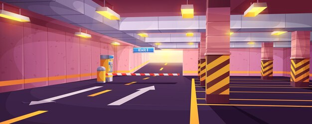 Cartoon lege ondergronds met slagboom om te verlaten en parkeerplaats betalingssysteem Indoor interieur van garage in het winkelcentrum van de stad met markering weg auto park plaatsen kolommen en begeleidende pijlen op verdieping