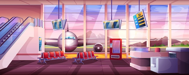 Cartoon luchthaven wachtkamer interieur terminal hal met passagiersstoelen roltrap en raam met uitzicht op het vliegtuig vertreklounge met stoelen automaat en weergave van het vluchtschema