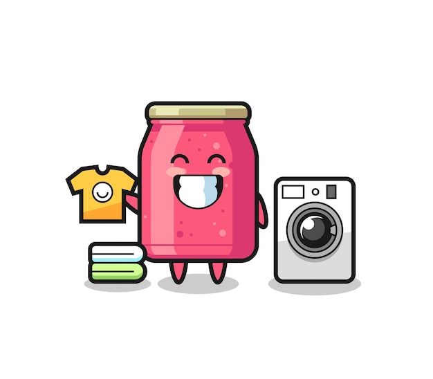 Cartoon mascotte van aardbeienjam met wasmachine, schattig ontwerp