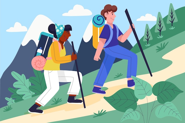 Gratis vector cartoon mensen die samen wandelen hiking