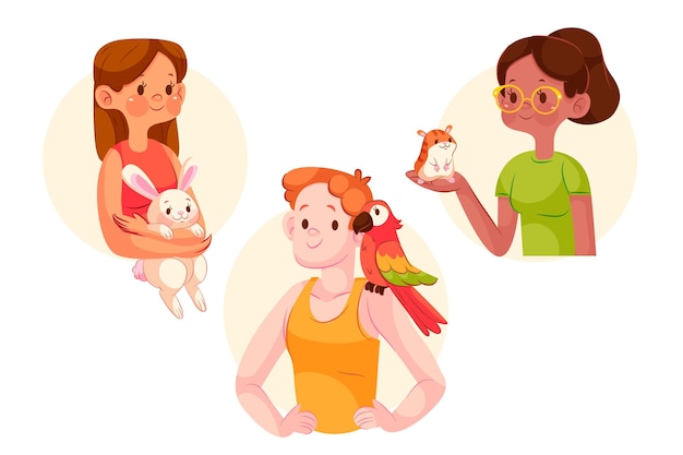 Cartoon mensen met huisdieren geïllustreerd