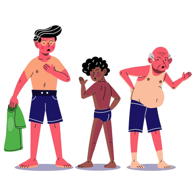 Gratis vector cartoon mensen op het strand met zonnebrand