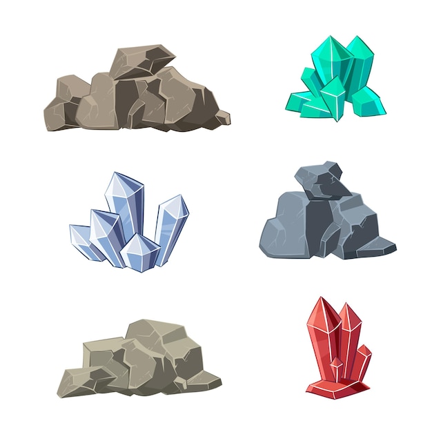 Cartoon mineralen en stenen set. Steenmineraal, cartoon minerale steen, natuurlijke minerale steen, kristal minerale steen illustratie