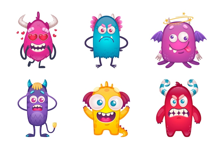Gratis Vector cartoon monster emoticons set met kleurrijke kinderachtig beest karakters met verschillende gezichtsemoties op lege achtergrond vectorillustratie