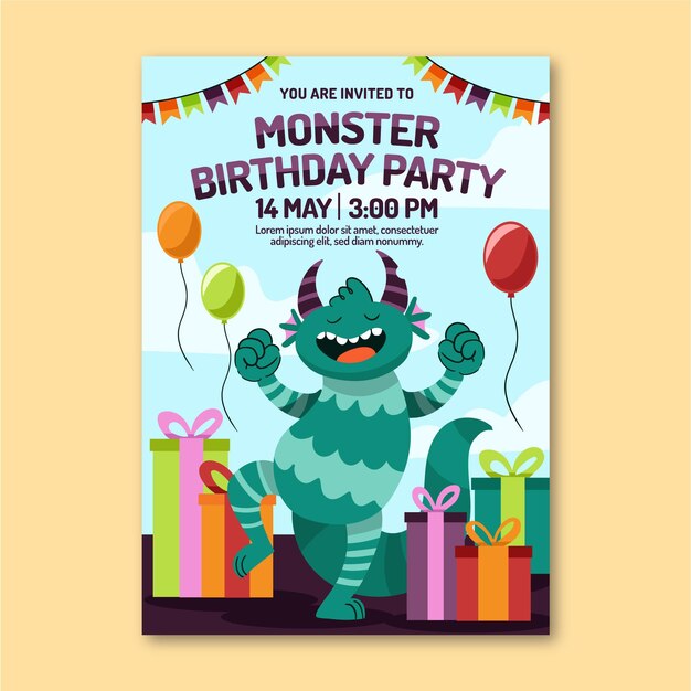 Gratis vector cartoon monster verjaardag uitnodiging sjabloon