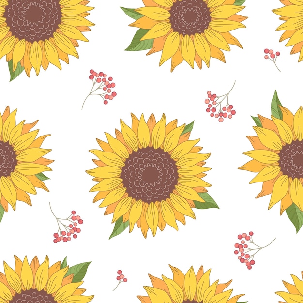 Cartoon naadloos patroon met bovenaanzicht zonnebloemen en bessen op witte achtergrond vectorillustratie