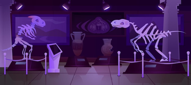 Gratis vector cartoon nacht paleontologisch museum met dinosaurusskelet
