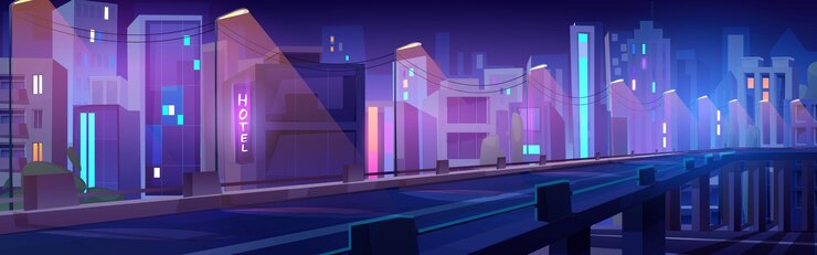 Gratis Vector cartoon nacht stadsbeeld van snelwegbrug