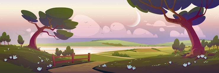 Gratis Vector cartoon natuur landschap zonsopgang vroege ochtend