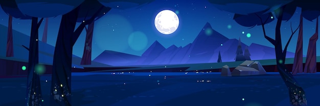 Cartoon natuur nacht tijd landschap met rotsen bomen vijver en veld onder volle maan schijnt in de sterrenhemel mysterieuze landschap achtergrond met glowworms op donkere weide bij twilight vectorillustratie