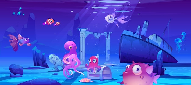 Gratis vector cartoon onderwater achtergrond met zeevis