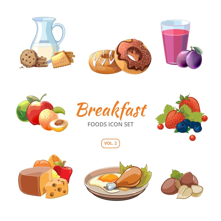 Gratis Vector cartoon ontbijt eten pictogrammen instellen. koekjes en donuts, noten en bessen, vectorillustratie