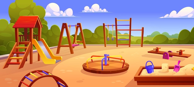 Cartoon openbare speeltuin in het stadspark Vector illustratie van een kleuterschool of schoolplaats met houten schommel karrousel glijbaan zandbak kleurrijke ladder voor buitenplezier en recreatie van kinderen