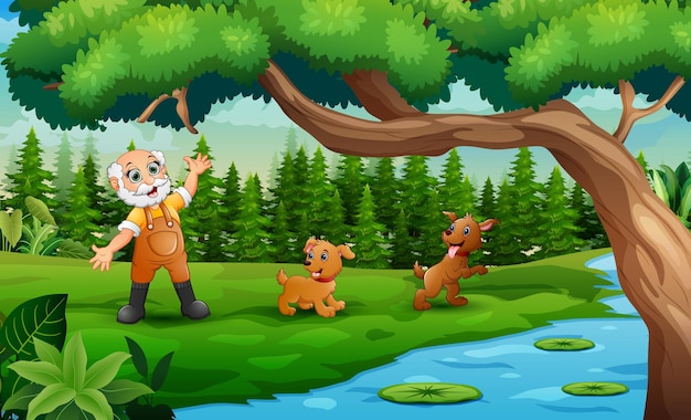 Cartoon oude boer met zijn twee honden bij de rivier