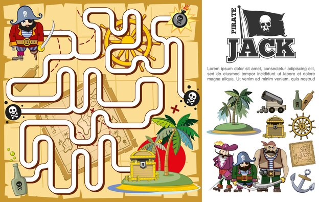 Cartoon piraat schattenjacht doolhof concept met onbewoond eiland flessen rum kanon stuurwiel anker kaart borst piraat karakters illustratie