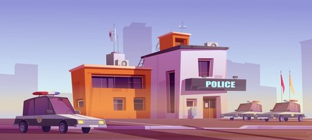 Cartoon politiebureau gebouw met patrouillewagens