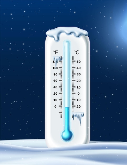 Cartoon realistische vector stijlicoon. koude thermometer op de sneeuw.