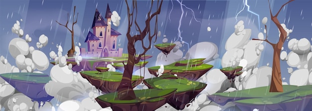 Gratis vector cartoon regenspelachtergrond met fantasiekasteel eng halloween-landschap met onweer en bliksem boven zwevend rotseiland in de lucht griezelig magisch dracula-kasteel met toren op somber weer
