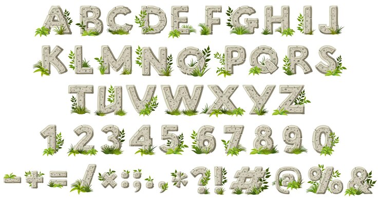 Cartoon rock alfabet lettertype met bladeren en gras. Schrijven uit de steentijd.