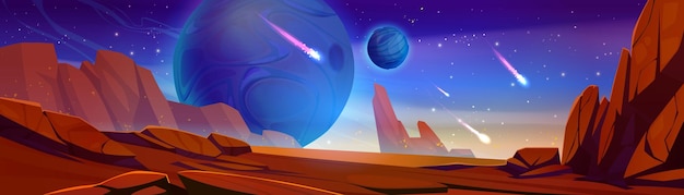 Gratis vector cartoon ruimte planeet spel vector achtergrond illustratie nacht fantasie mars grondoppervlak met vallende meteoriet of komeet in de lucht galaxy buitenaardse licht landschap met rode woestijn ui scène