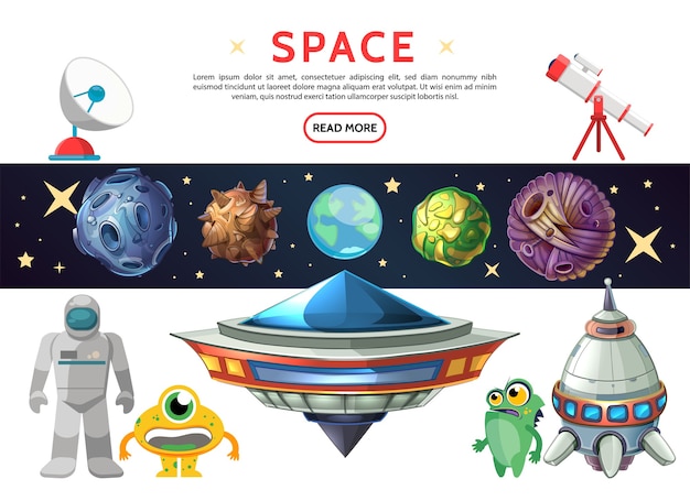 Gratis vector cartoon ruimtesamenstelling met aarde planeet asteroïden meteoren kosmonaut ufo ruimteschip grappig