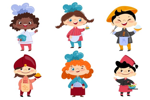 Cartoon schattige kinderen chef-kok in schort en hoed koken eten