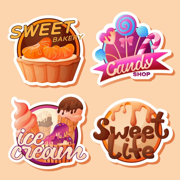 Gratis vector cartoon set emblemen voor snoepwinkel met zoete bakkerij-ijs lolly's en koekjes geïsoleerde vectorillustratie