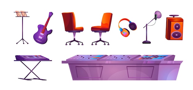 Cartoon set geluidsopname studio-apparatuur geïsoleerd op witte achtergrond vectorillustratie van gitaar synthesizer luidspreker oortelefoons microfoon professionele mixer met bedieningsknoppen