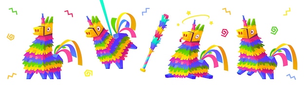 Gratis vector cartoon set regenboog eenhoorn pinata en vleermuis