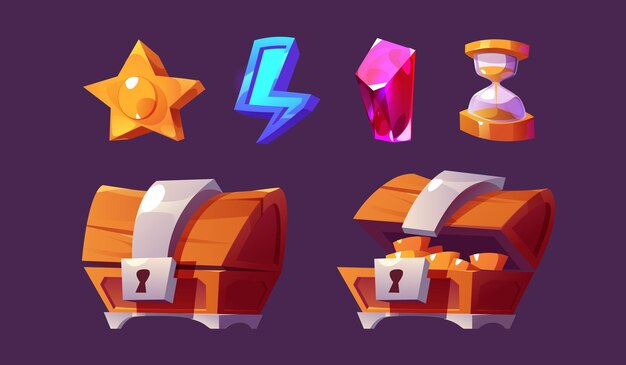 Cartoon set spel ui iconen geïsoleerd op achtergrond vectorillustratie van open en gesloten houten schatkist met geld gouden ster blauwe bliksemschicht zandloper Online casino slot symbolen
