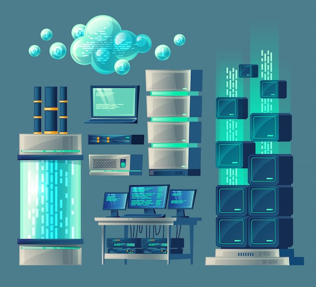 Cartoon set van apparatuur en apparaten voor gegevensverwerking en opslag, database