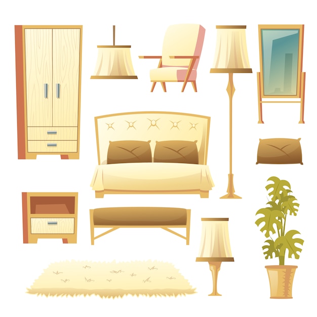 Gratis vector cartoon set van een slaapkamer