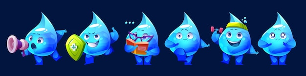 Gratis vector cartoon set waterdruppel mascottes met verschillende emoties