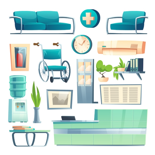 Gratis vector cartoon set ziekenhuis hal interieur