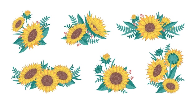 Gratis vector cartoon set zonnebloemen met groene bladeren, bessen en twijgen geïsoleerd tegen een witte achtergrond vectorillustratie