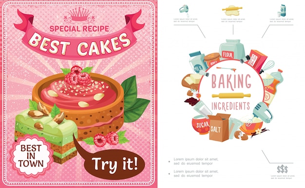 Cartoon snoep kleurrijke samenstelling met bakken gereedschap ingrediënten taarten en taart stuk met frambozen noten