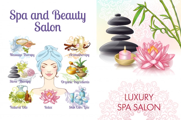 Cartoon spa salon kleurrijke samenstelling met natuurlijke vrouw stenen en massage oliën lotusbloem crèmes aroma kaarsen handdoeken