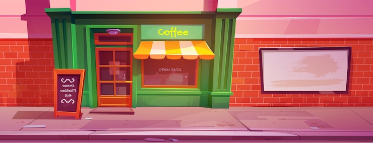 Gratis Vector cartoon stadscafé met groene retro gevel