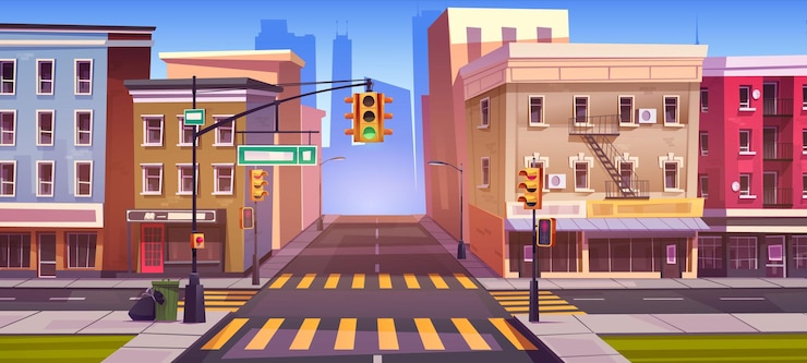 Gratis Vector cartoon stadsstraat kruising met verkeerslichten en verkeersborden kruis en trottoirs gebouwen met meerdere verdiepingen met winkel en café vector illustratie van leeg stedelijk landschap met snelweghoek