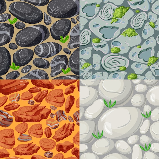 Cartoon stenen naadloze patronen set met planten en rotsen van verschillende vormen kleuren en materialen