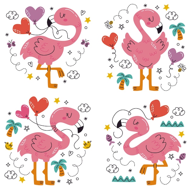 Gratis vector cartoon-stijl flamingo sticker set