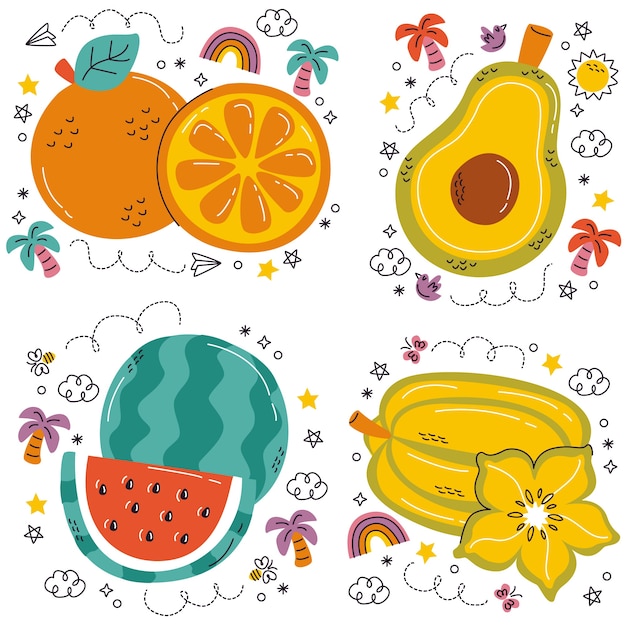 Gratis vector cartoon stijl sticker set van fruit