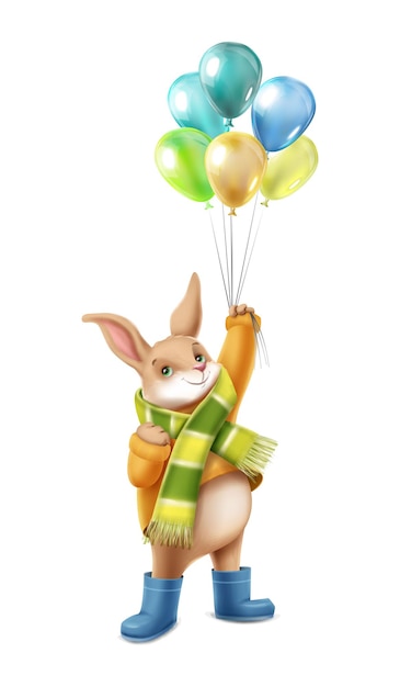 Gratis vector cartoon stijlicoon vector. gelukkig schattig konijn met ballons in winterlaarzen en sjaal.